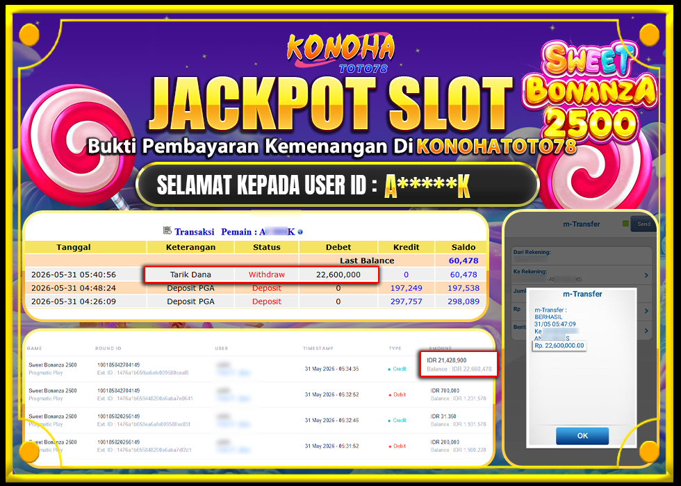KONOHATOTO78 JACKPOT SWEET BONANZA 2500 Rp.22.600.000,-LUNAS